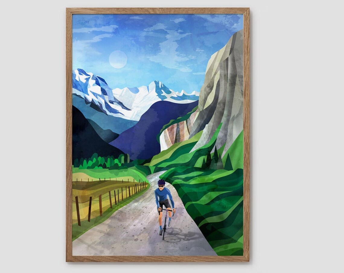 Cycling In Alpine Valley Travel Poster, Forest Scene