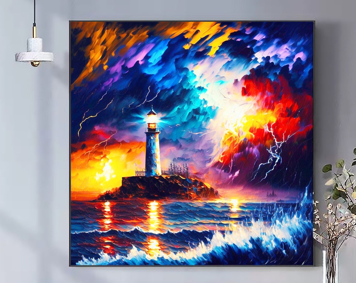 Abstract Lighthouse Oil Painting On Original Colorful Ocean Painting Large Wall Art Hand Painting Custom Painting Home Wall Decor - Image 7