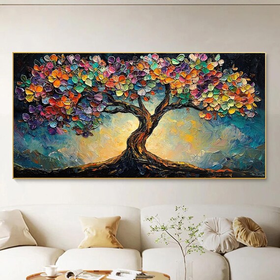 Original Colorful Tree Oil Painting On Large Abstract Colorful Texture Painting Boho Wall Art Custom Painting Living Room Decor