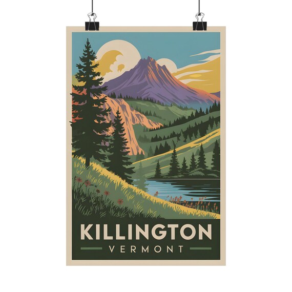 Killington Vermont Vintage Mountain Poster Moonlit Peak Lakeside Nature