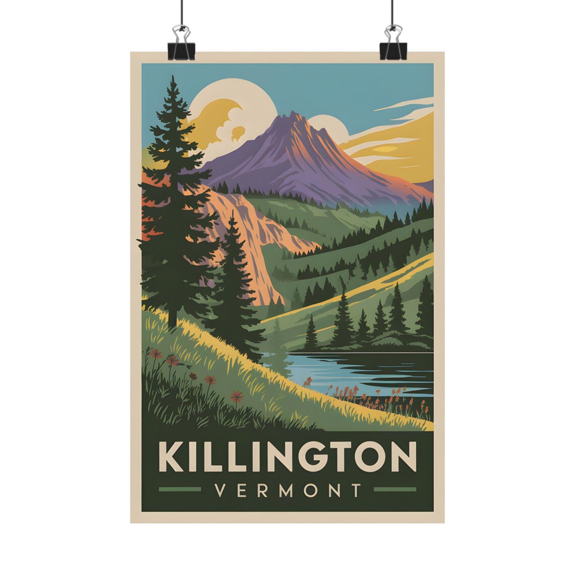 Killington Vermont Vintage Mountain Poster Moonlit Peak Lakeside Nature