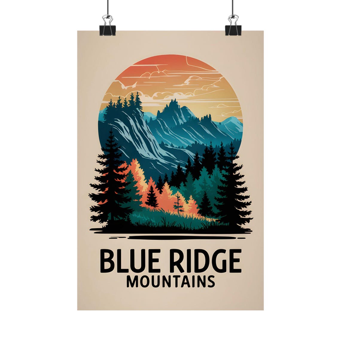 Blue Ridge Mountains Sunset Circle Badge Forest Vintage Art Poster