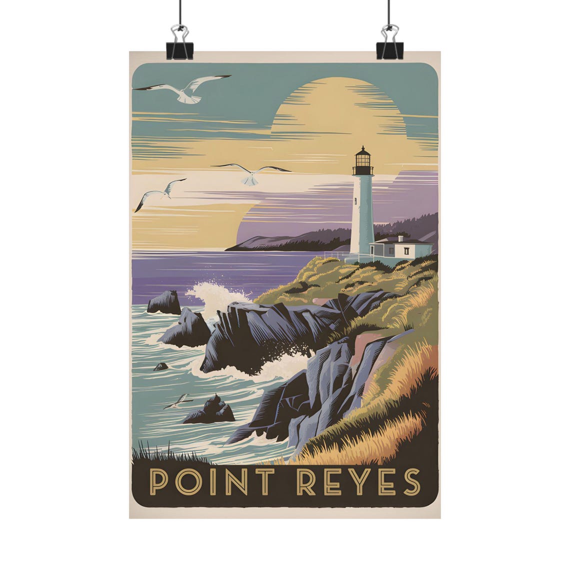 Point Reyes Lighthouse Coastal Sunset Vintage Travel Art Poster