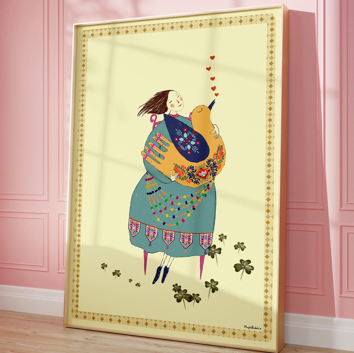 Girl Hugging Colorful Bird Among Clovers Folk Art Nursery Poster - Image 3