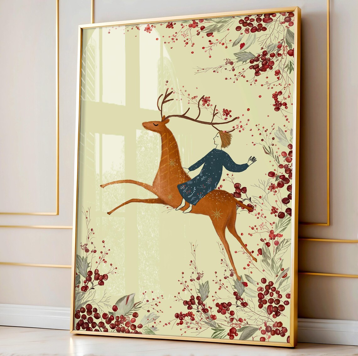Girl Riding Leaping Christmas Reindeer Among Red Berries Holiday Poster - Image 3