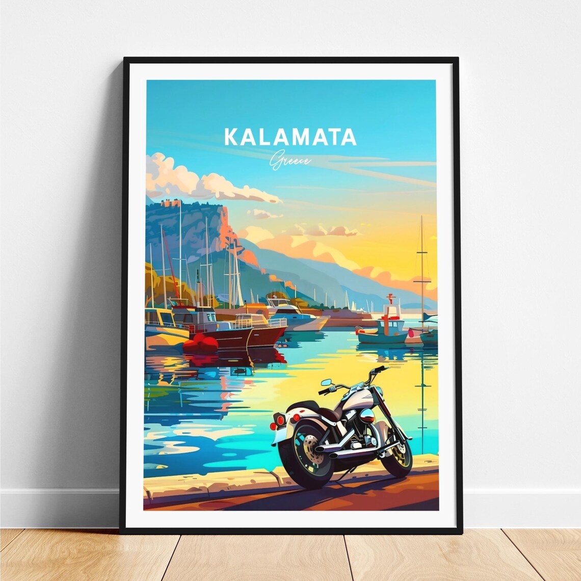 Kalamata Greece Harbor Boats Motorcycle Sunset Travel Art Poster