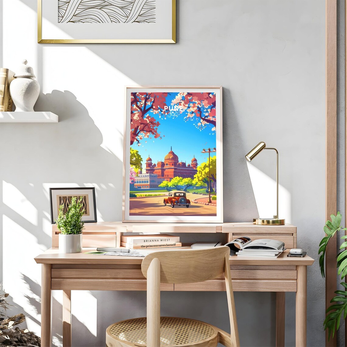 Pune Red Heritage Palace Vintage Car Blossoms India Travel Poster - Image 4