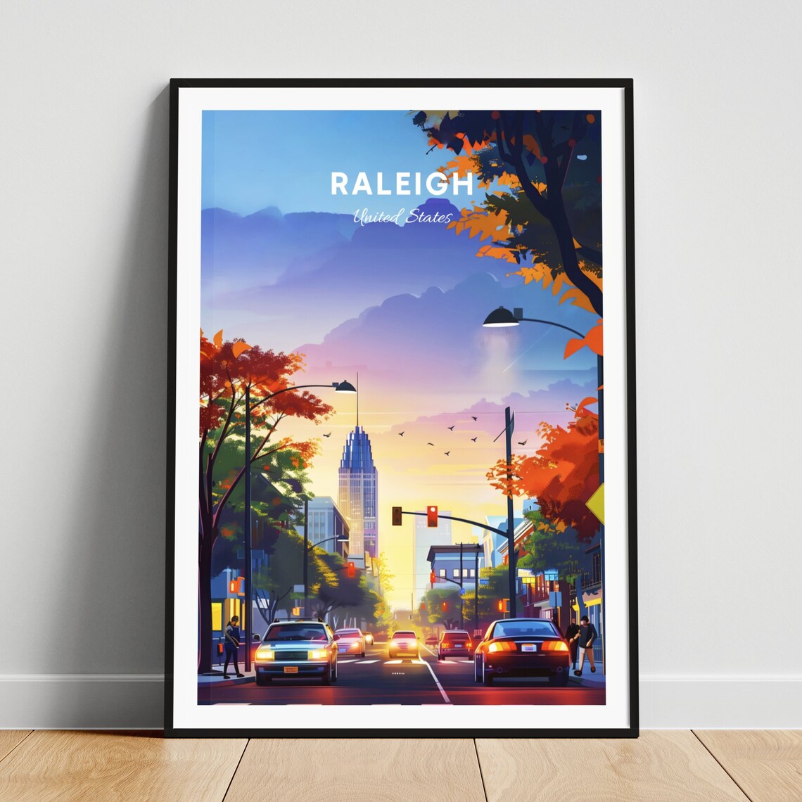 Raleigh NC Glowing Downtown Street Sunset Skyline Travel Poster