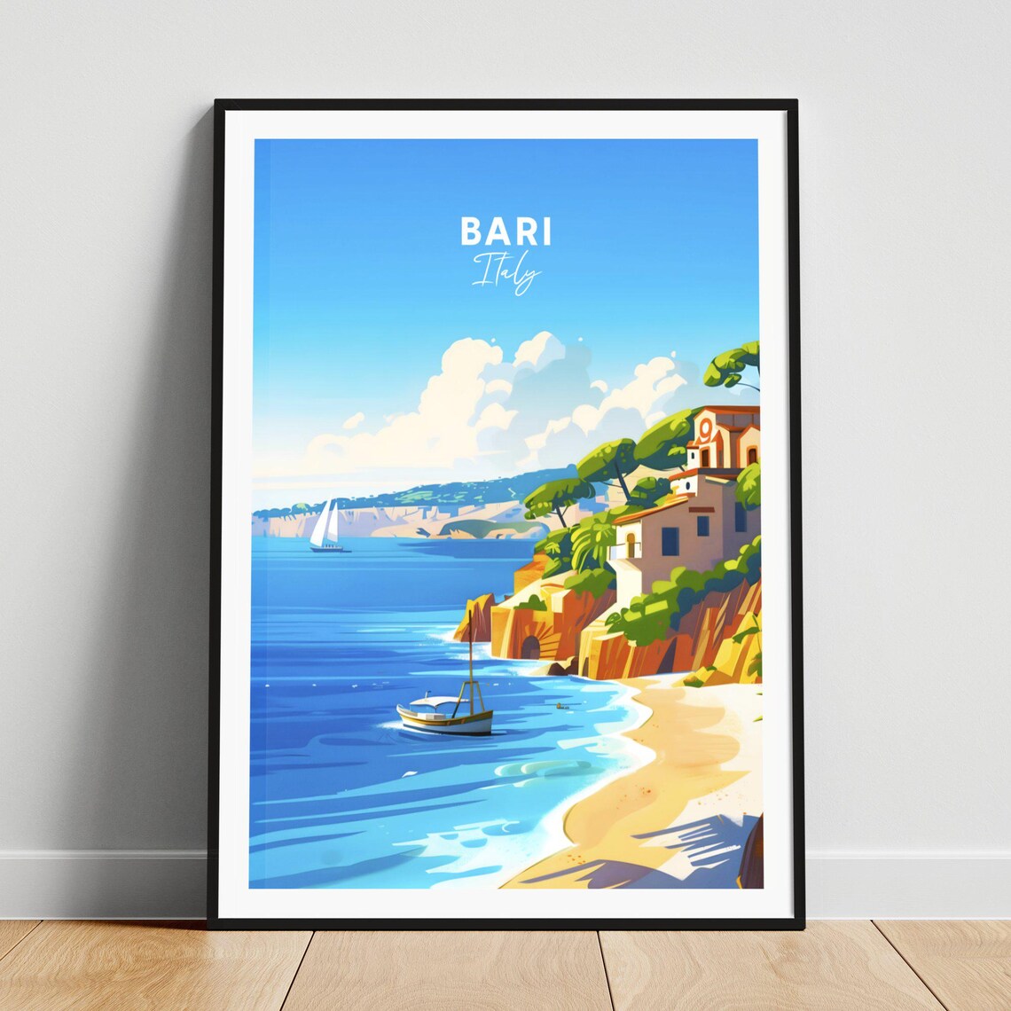 Bari Italy Seaside Cliffs Villa Beach Boats Coastal View Travel Poster