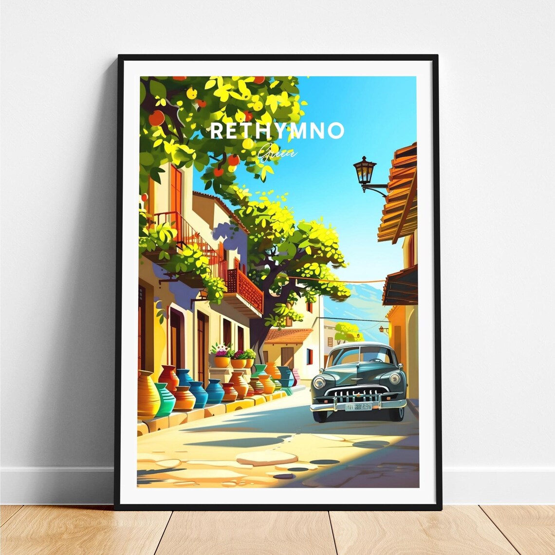 Rethymno Greece Old Street Pottery Vintage Car Travel Art Poster
