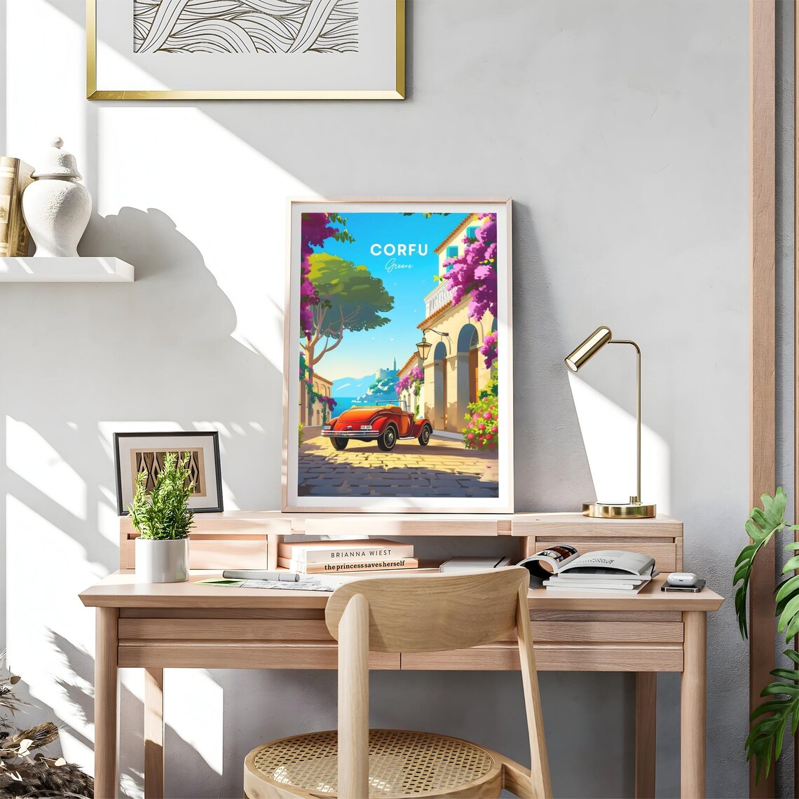 Corfu Greece Vintage Convertible Bougainvillea Street Travel Poster - Image 4