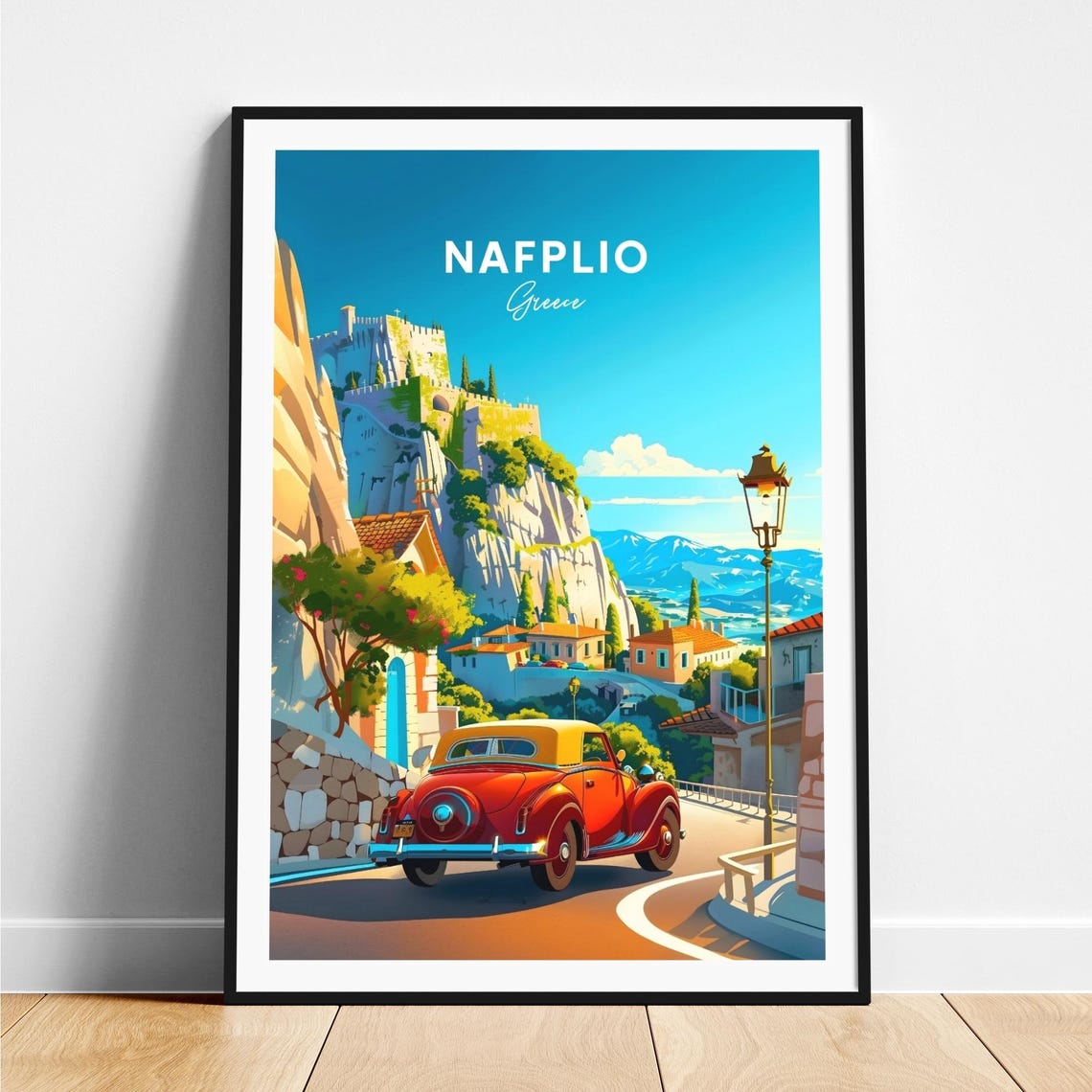 Nafplio Greece Red Classic Car Cliff Castle Road Travel Poster