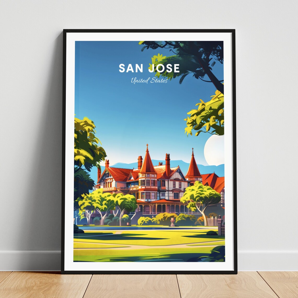 San Jose Grand Victorian Mansion Sunny Lawn Vintage Travel Poster