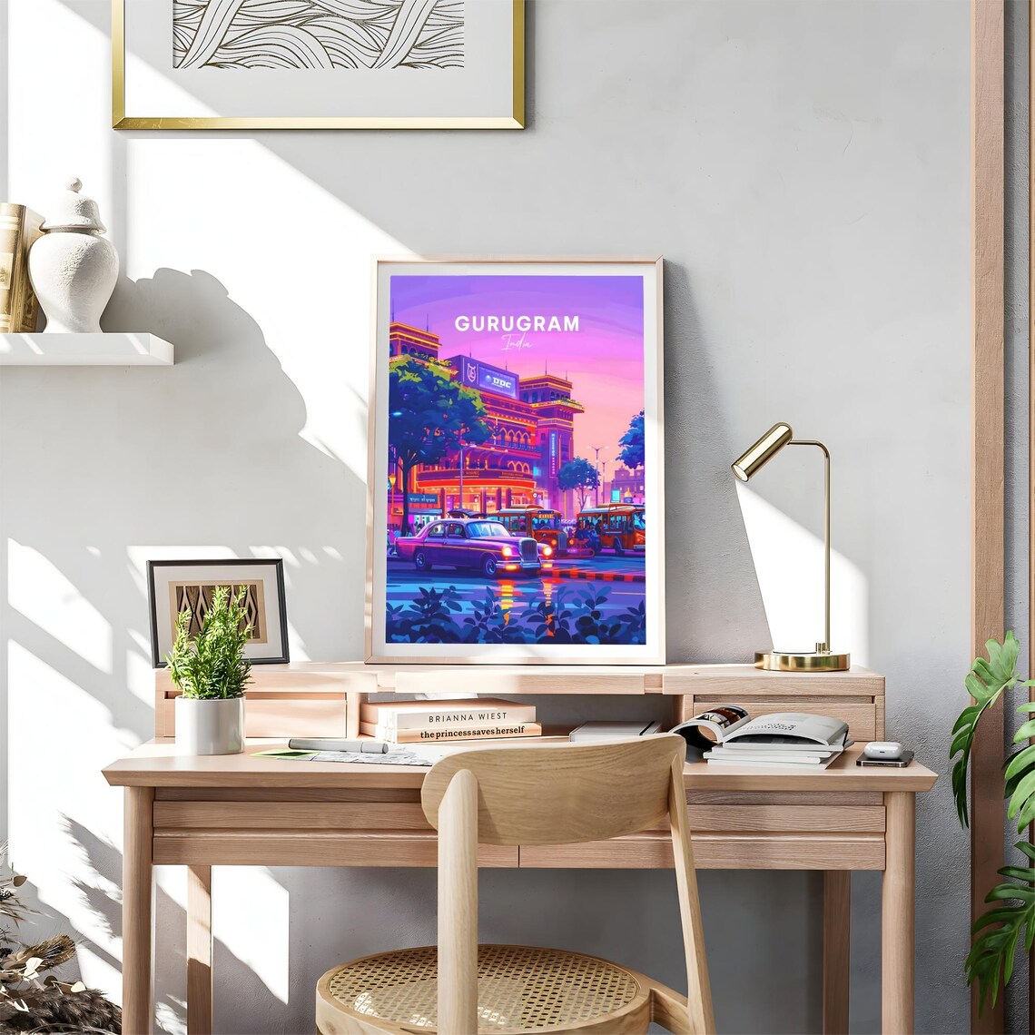 Gurugram India Dusk City Street Lights Vintage Car Travel Poster - Image 4
