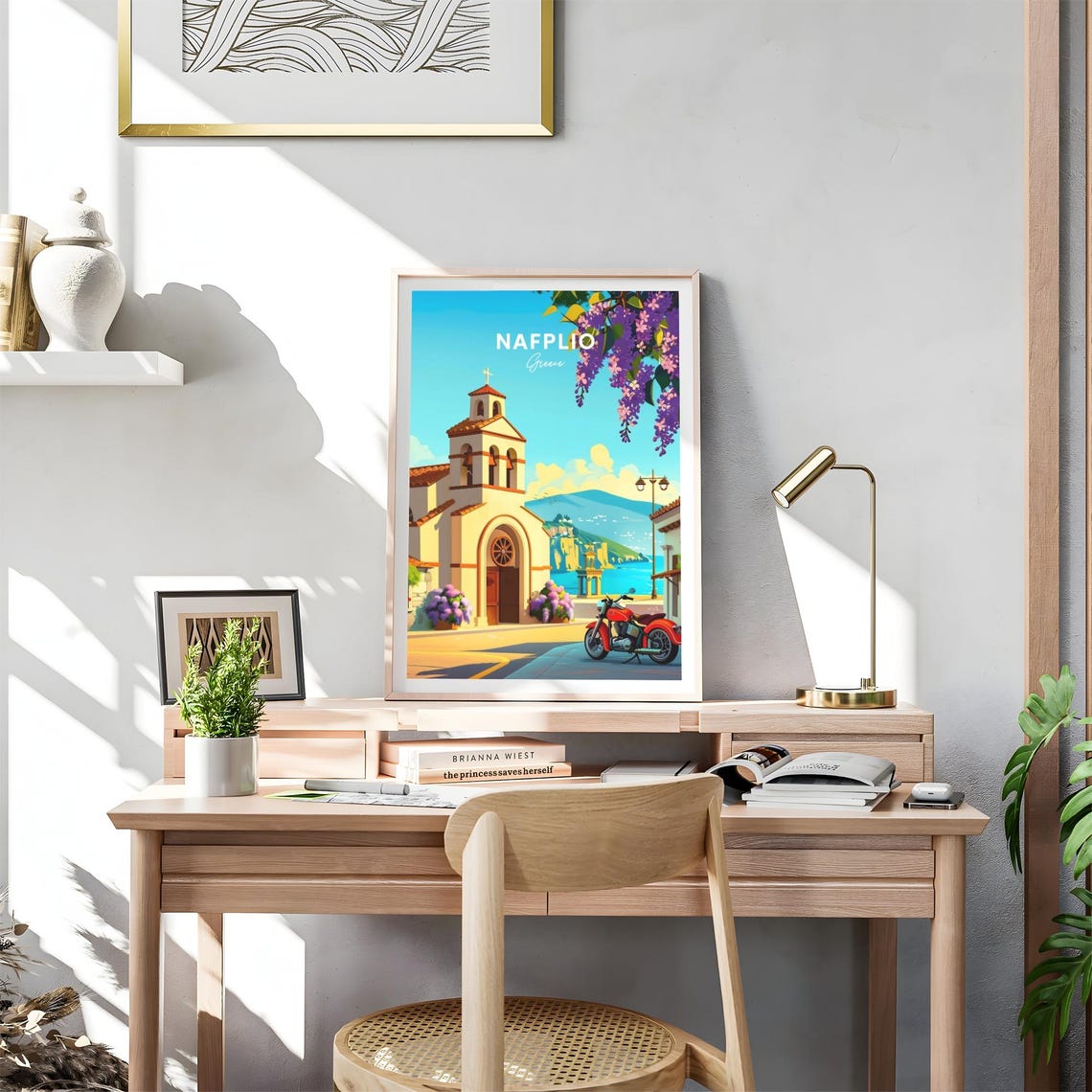 Nafplio Greece Church Bell Tower Red Motorcycle Travel Poster - Image 4