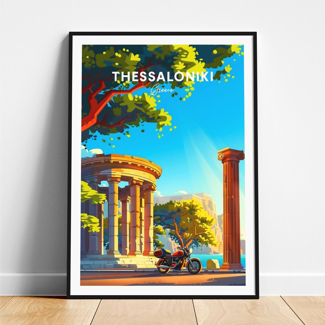Thessaloniki Greece Ancient Columns Motorcycle Day View Art Poster