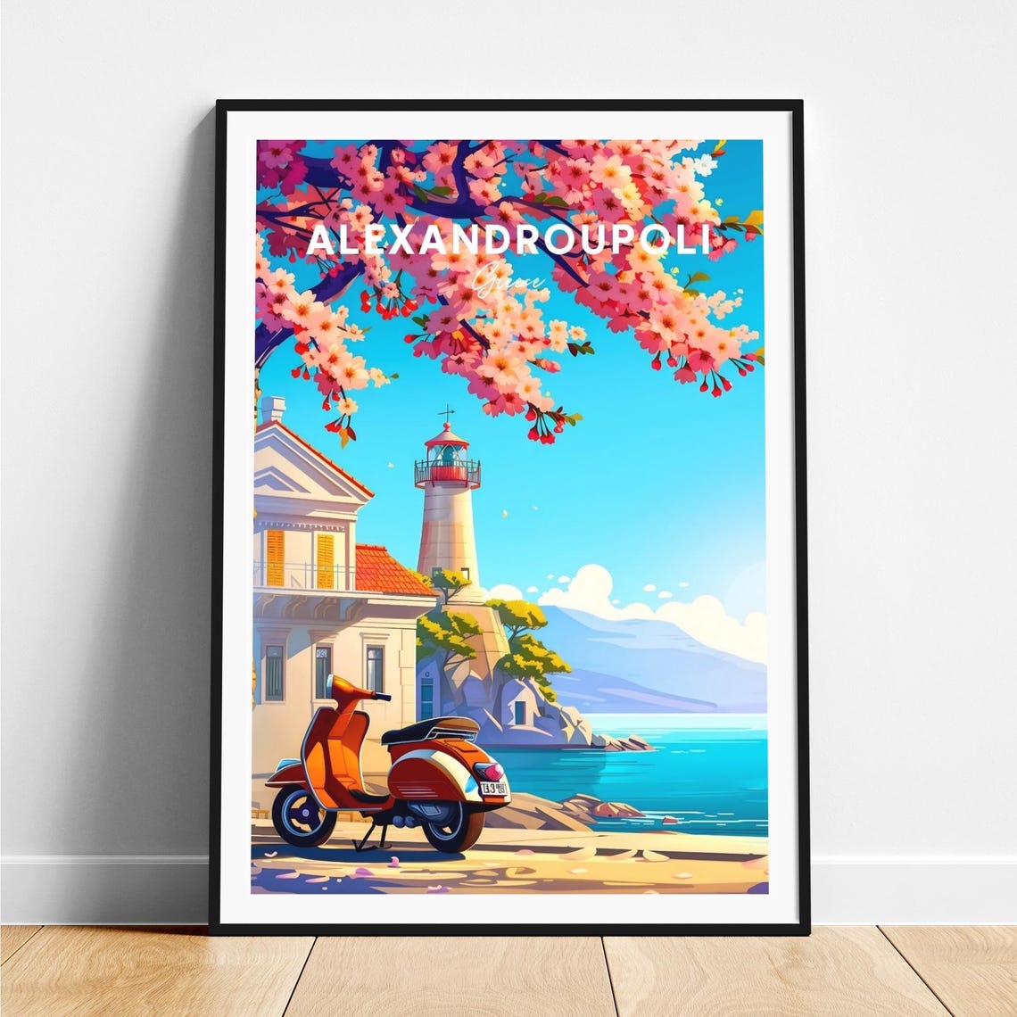 Alexandroupoli Greece Lighthouse Cherry Blossom Scooter Travel Poster