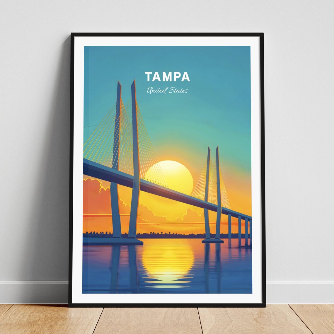 Tampa Florida Sunshine Skyway Bridge Sunset Vintage Travel Poster