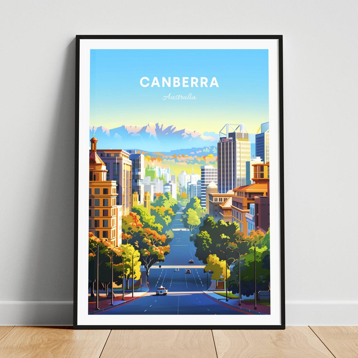 Canberra Australia Tree Lined Avenue Mountain Backdrop Poster