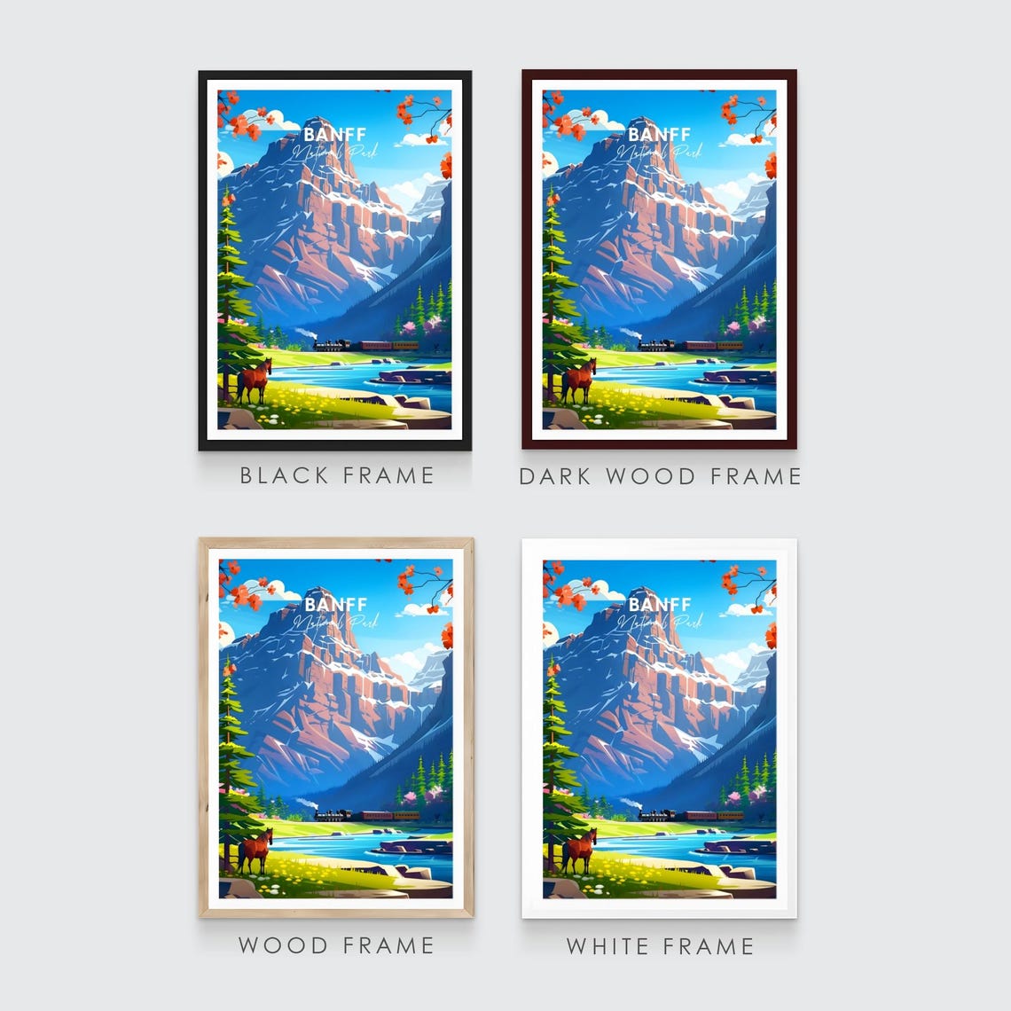 Banff National Park Alberta Rocky Peak Train River Horse Poster - Image 3