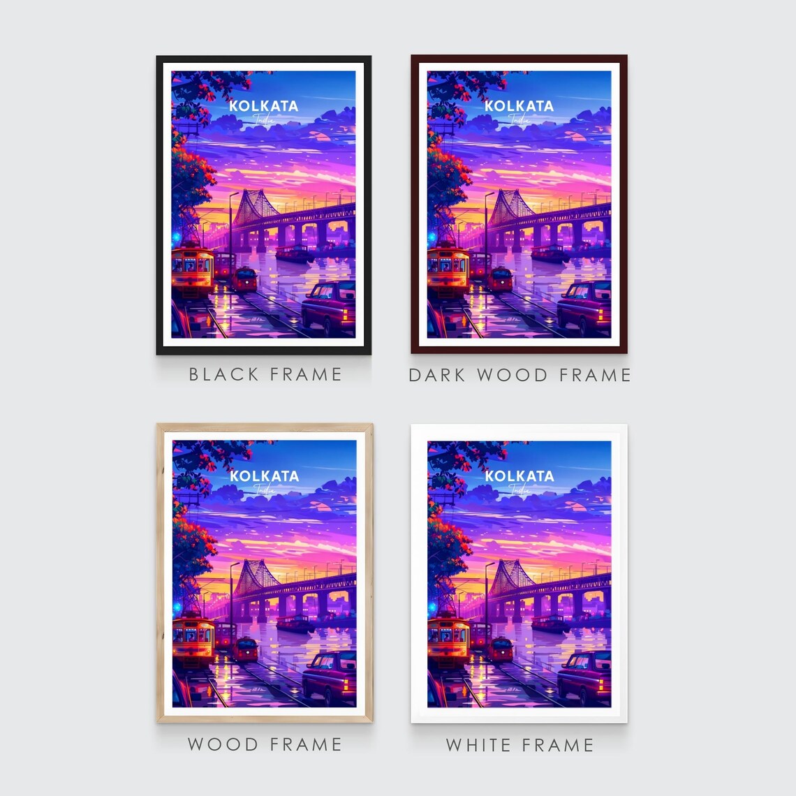 Kolkata India Golden Sunset Bridge Trams River Travel Poster Art - Image 3