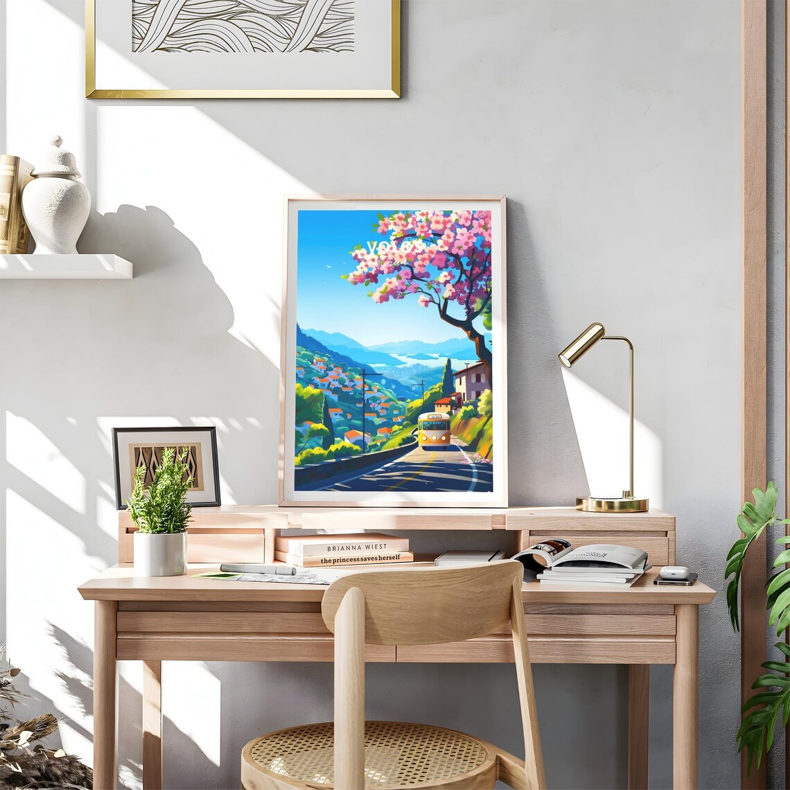 Volos Greece Yellow Bus Mountain Road Blossom Travel Art Poster - Image 4