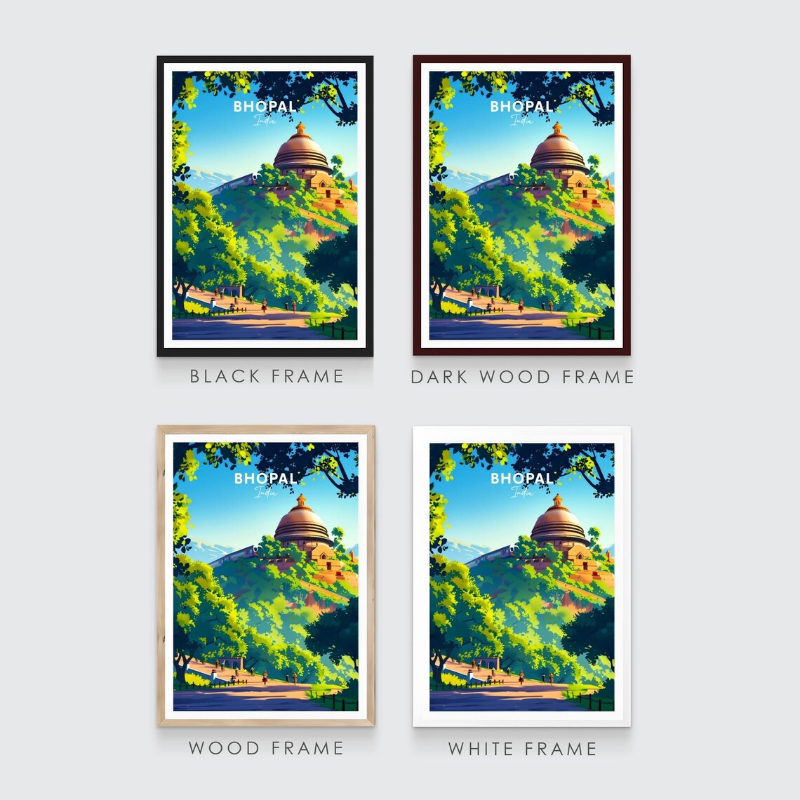 Bhopal India Hilltop Stupa with Cyclists and Green Trees Poster - Image 3