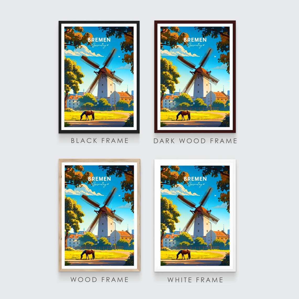 Bremen Germany Windmill Horse Meadow Blue Sky View Art Poster - Image 3
