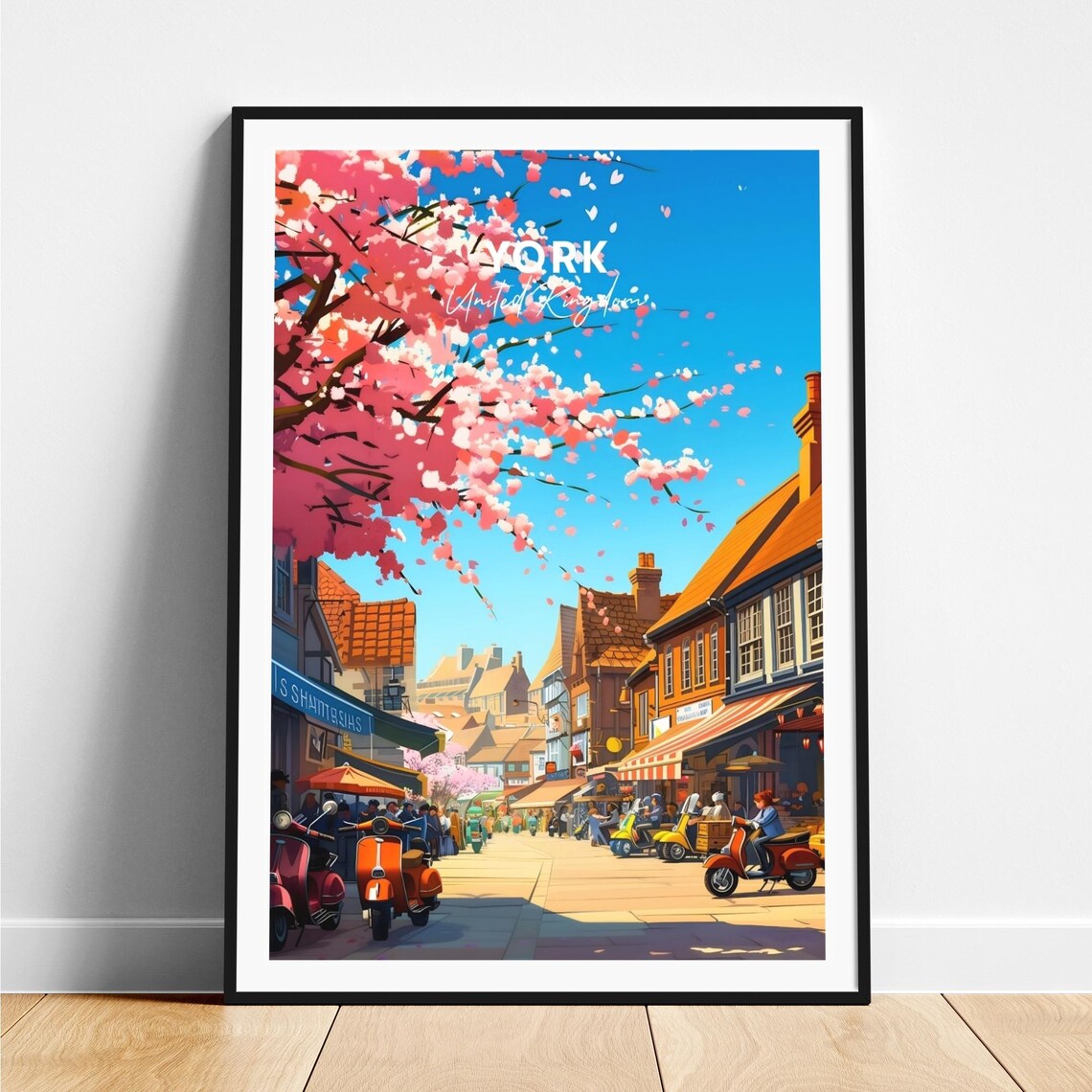 York Cherry Blossom Street Scooters Bustling Shops Travel Poster