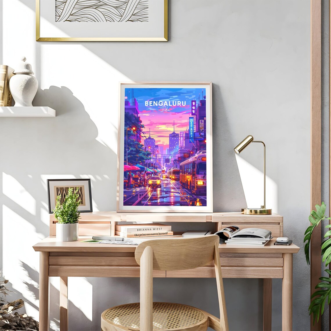 Bengaluru India Sunset Market Street Neon Buses Travel Poster - Image 4
