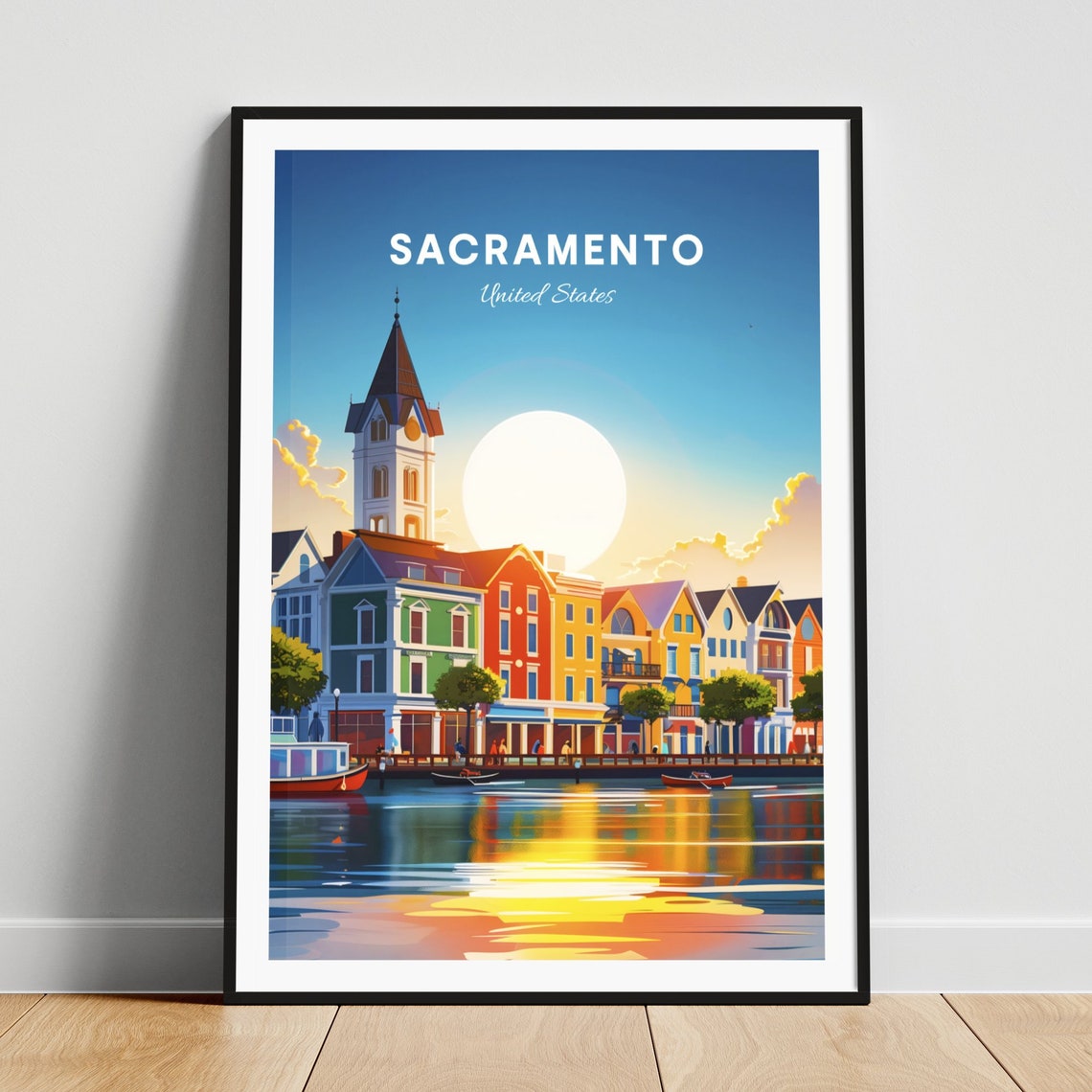 Sacramento Waterfront at Sunset Clock Tower Colorful View Poster