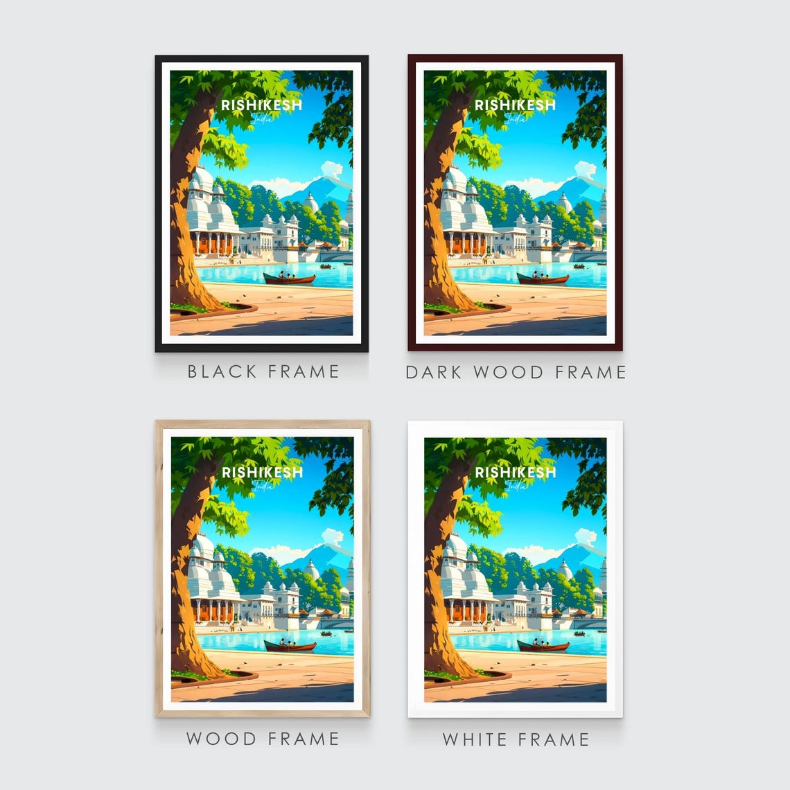 Rishikesh India Riverside Temples with Boat and Banyan Tree Poster - Image 3