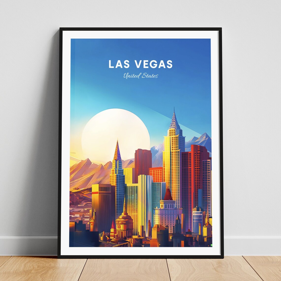 Las Vegas Skyline Sunset Desert Mountains Neon City Travel Poster