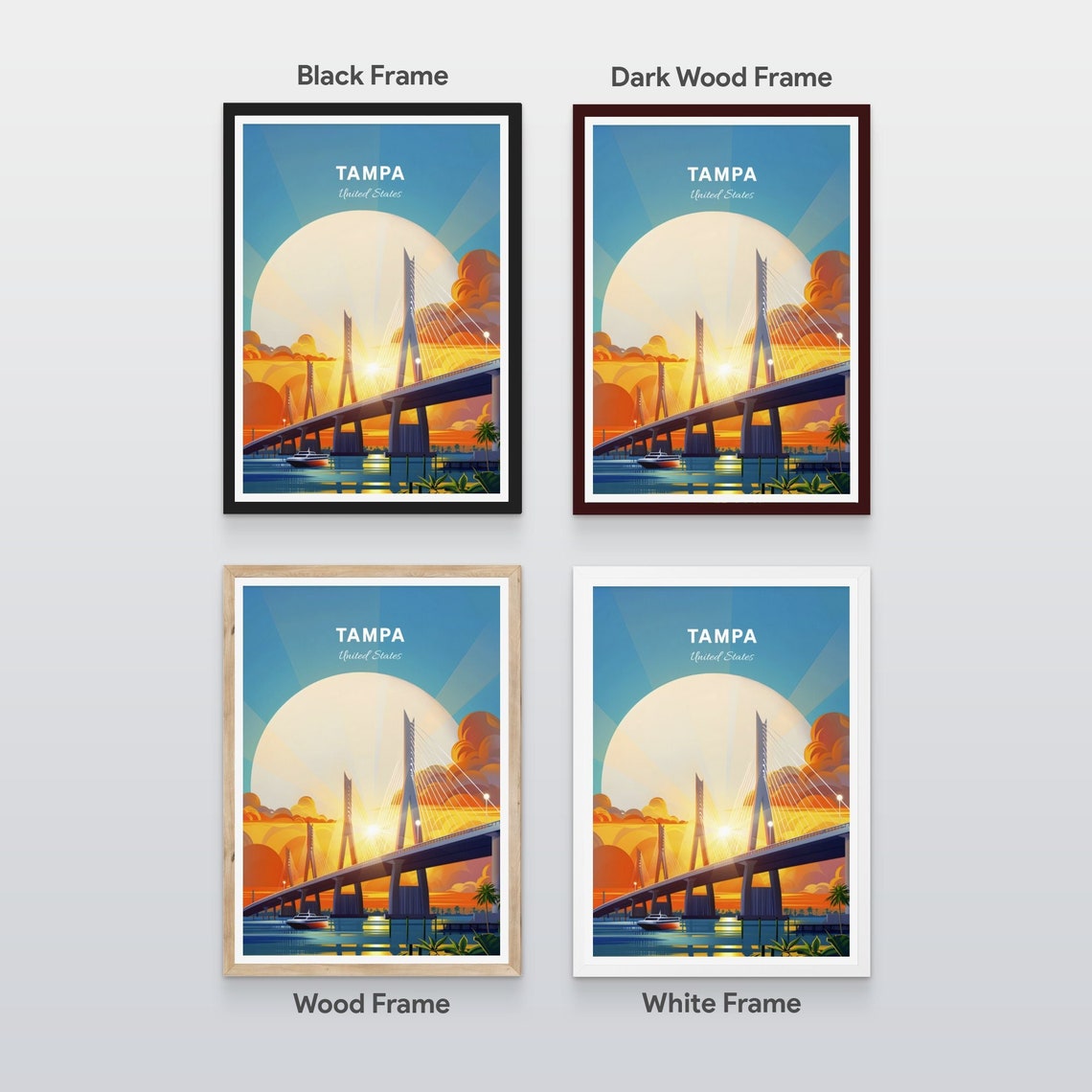Tampa Bay Bridge Sunset Boat Harbor Golden Skyline Retro Poster - Image 2