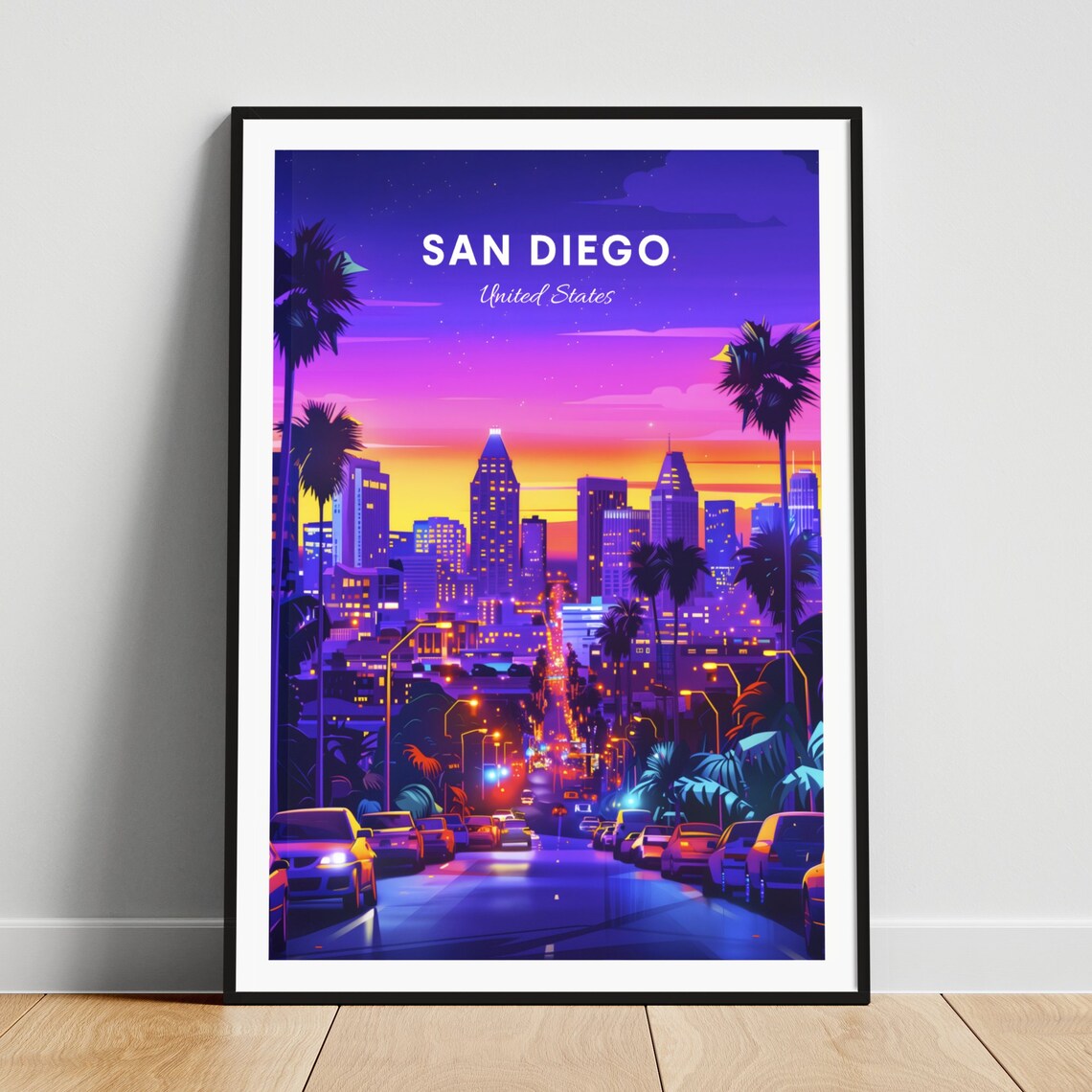 San Diego California Neon Night Skyline Cityscape Travel Poster