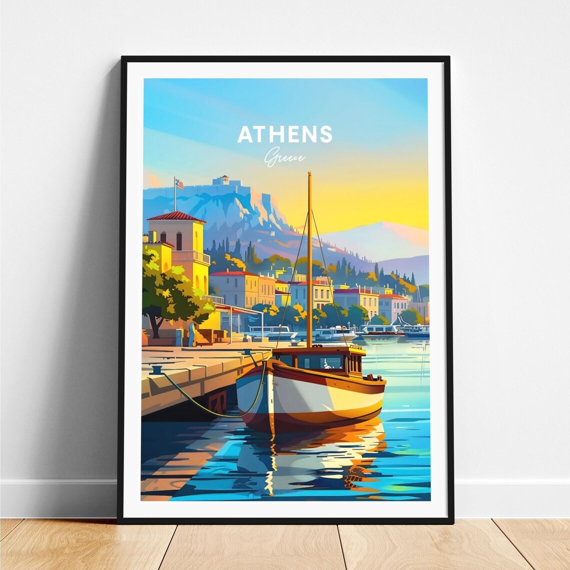Athens Harbor Fishing Boat Acropolis Sunset Greece Travel Poster