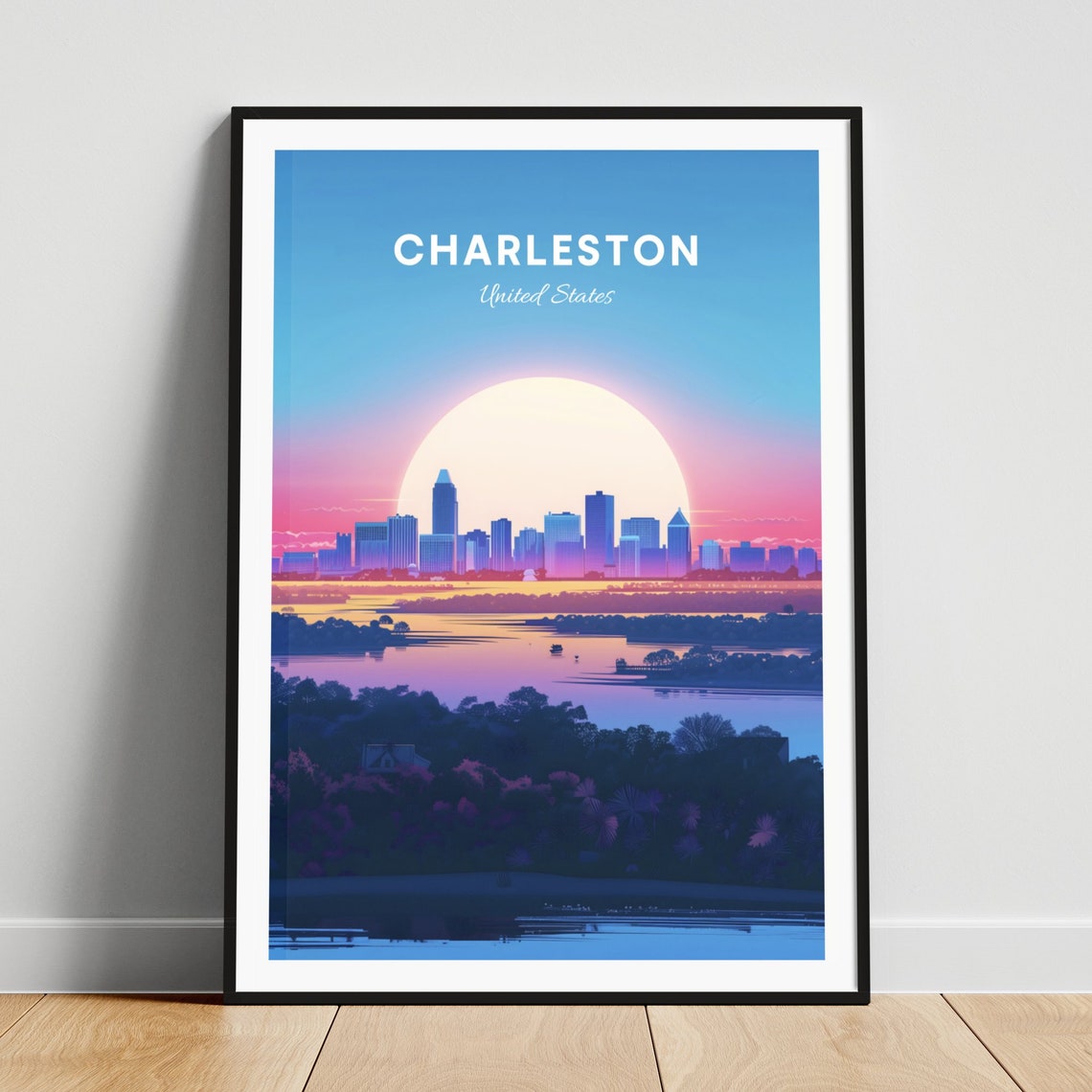 Charleston Sunset Skyline Over Water Marsh Trees Travel Poster