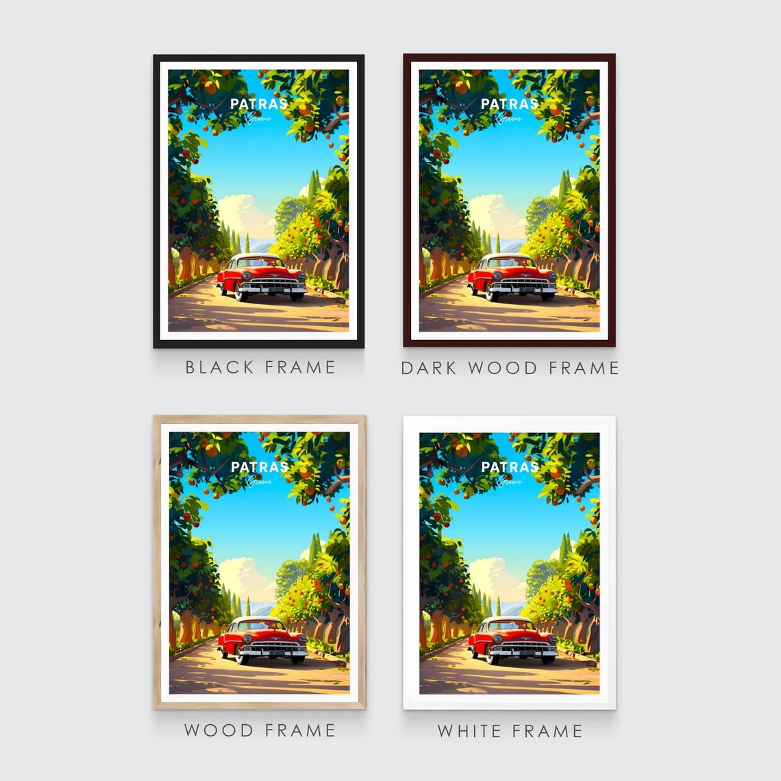 Patras Greece Red Vintage Car Driving Through Citrus Grove Road Poster - Image 3