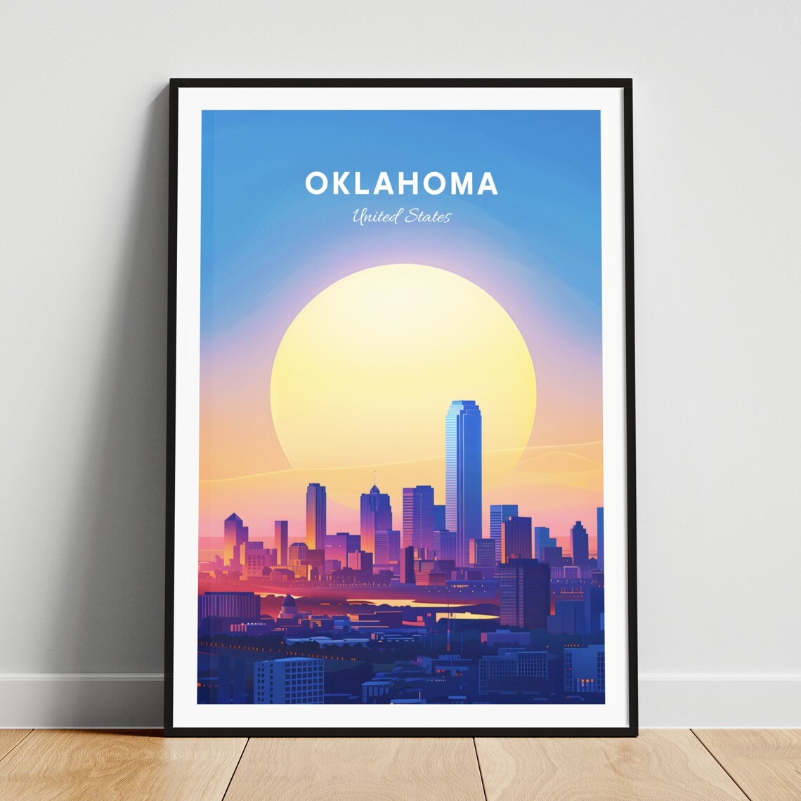 Oklahoma Skyline Big Sun Blue Sky Minimal Colorful Travel Poster