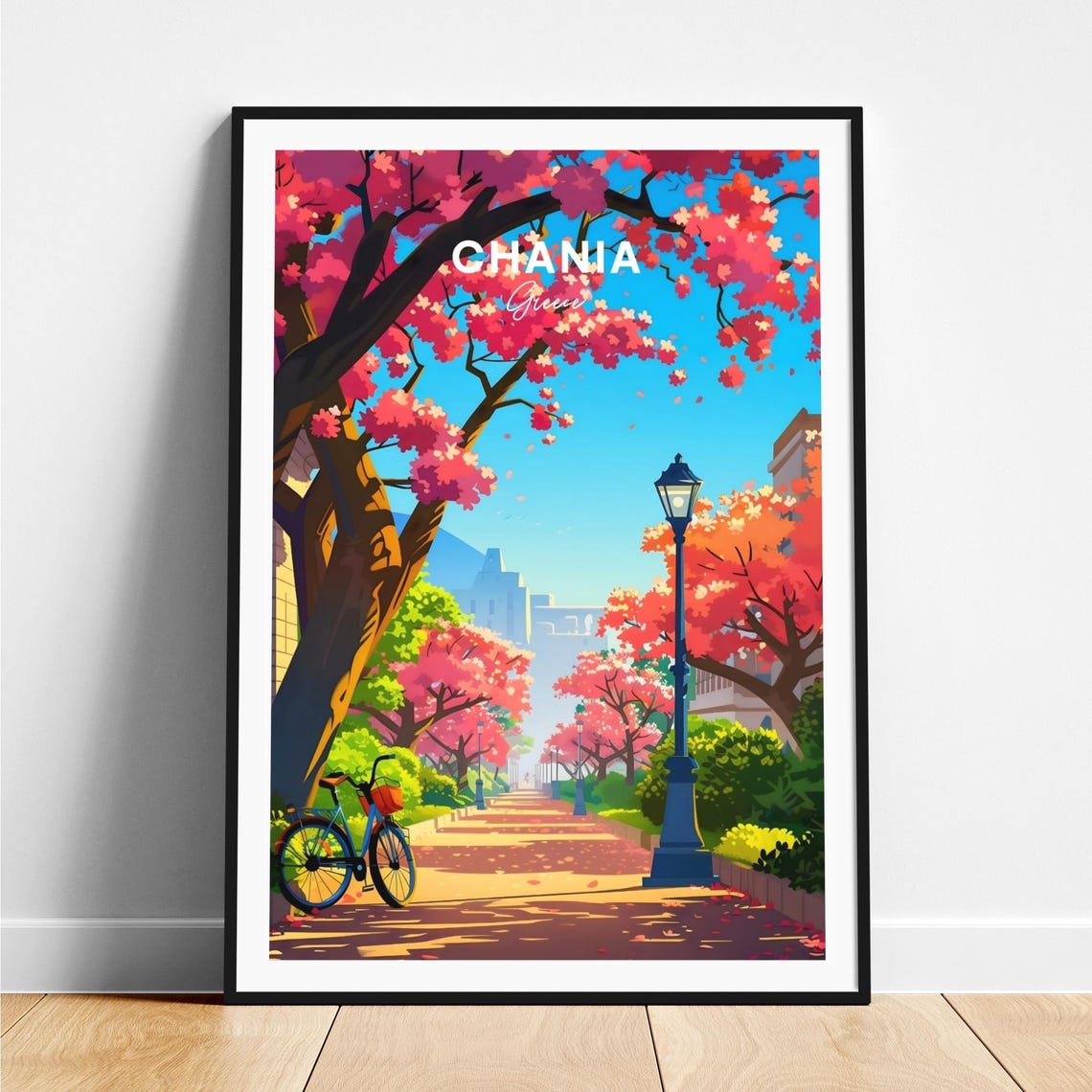 Chania Greece Cherry Blossom Avenue Bicycle Spring Travel Poster