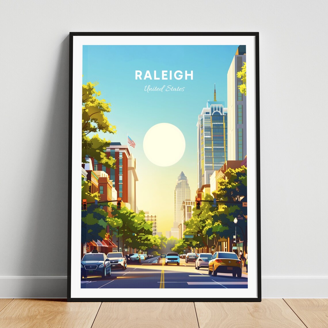 Raleigh North Carolina Sunny Downtown Street Scene Travel Poster