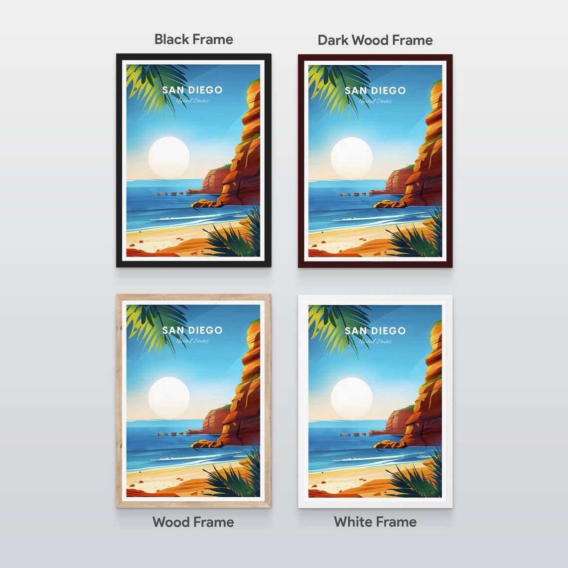 San Diego California Rocky Cliff Beach Cove Ocean Sunset Travel Poster - Image 2