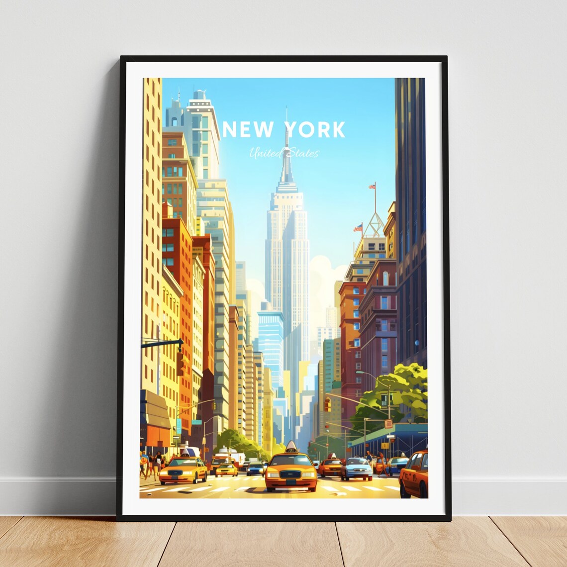 New York Empire State Building Taxis Manhattan Street Travel Poster