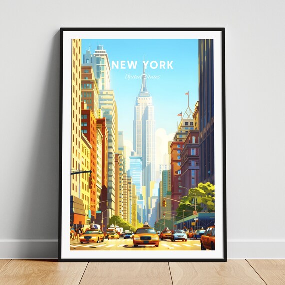 New York Empire State Building Taxis Manhattan Street Travel Poster