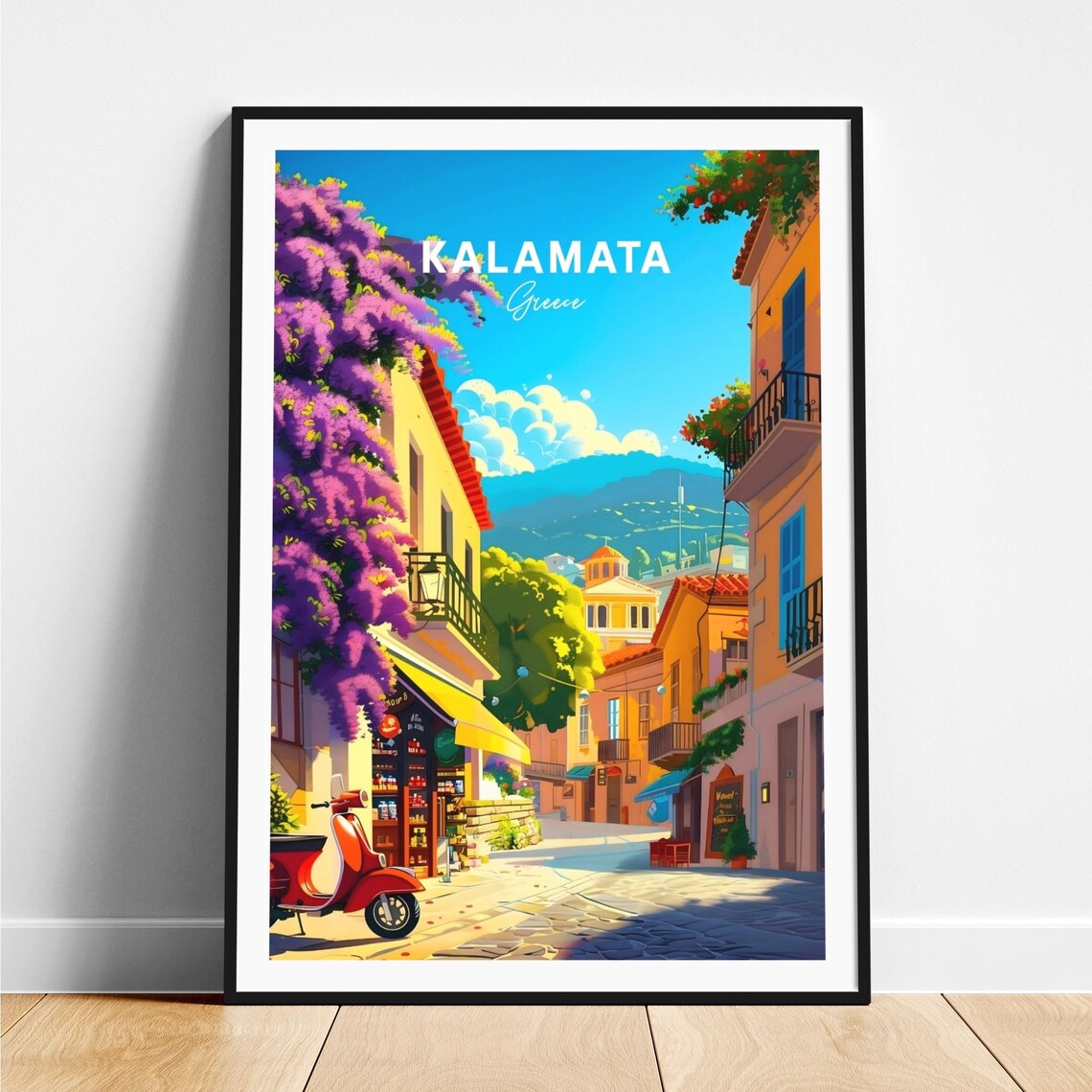 Kalamata Greece Old Town Street Red Vespa Bougainvillea Poster