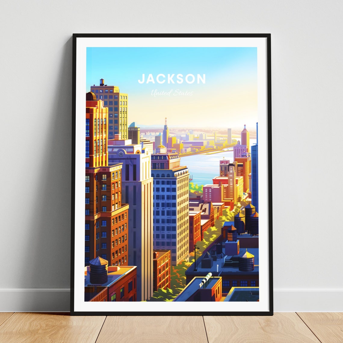 Jackson Rooftop Skyline Golden Hour Over River Travel Poster