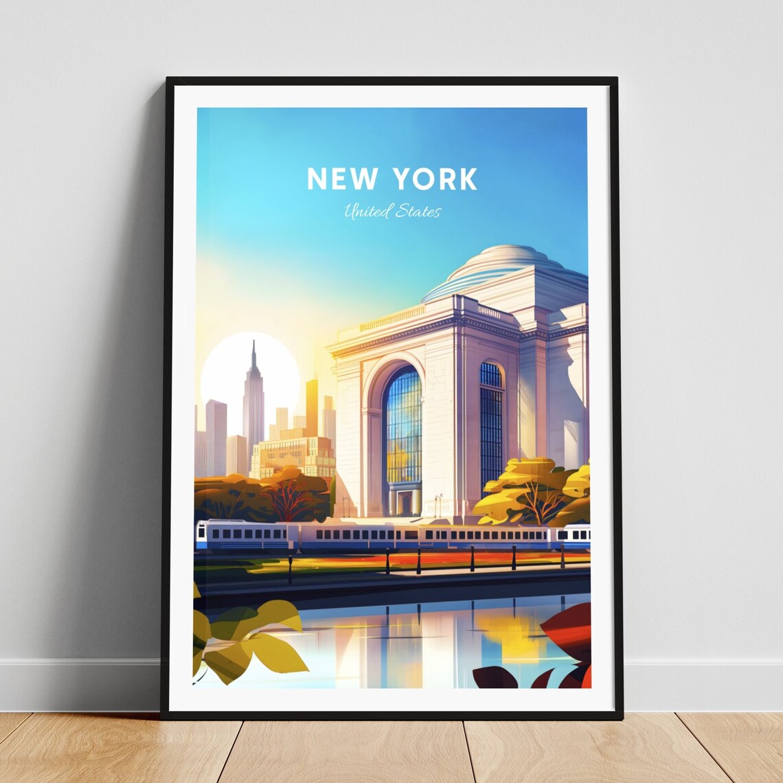 New York Grand Train Hall Sunrise Columns Vintage Travel Poster
