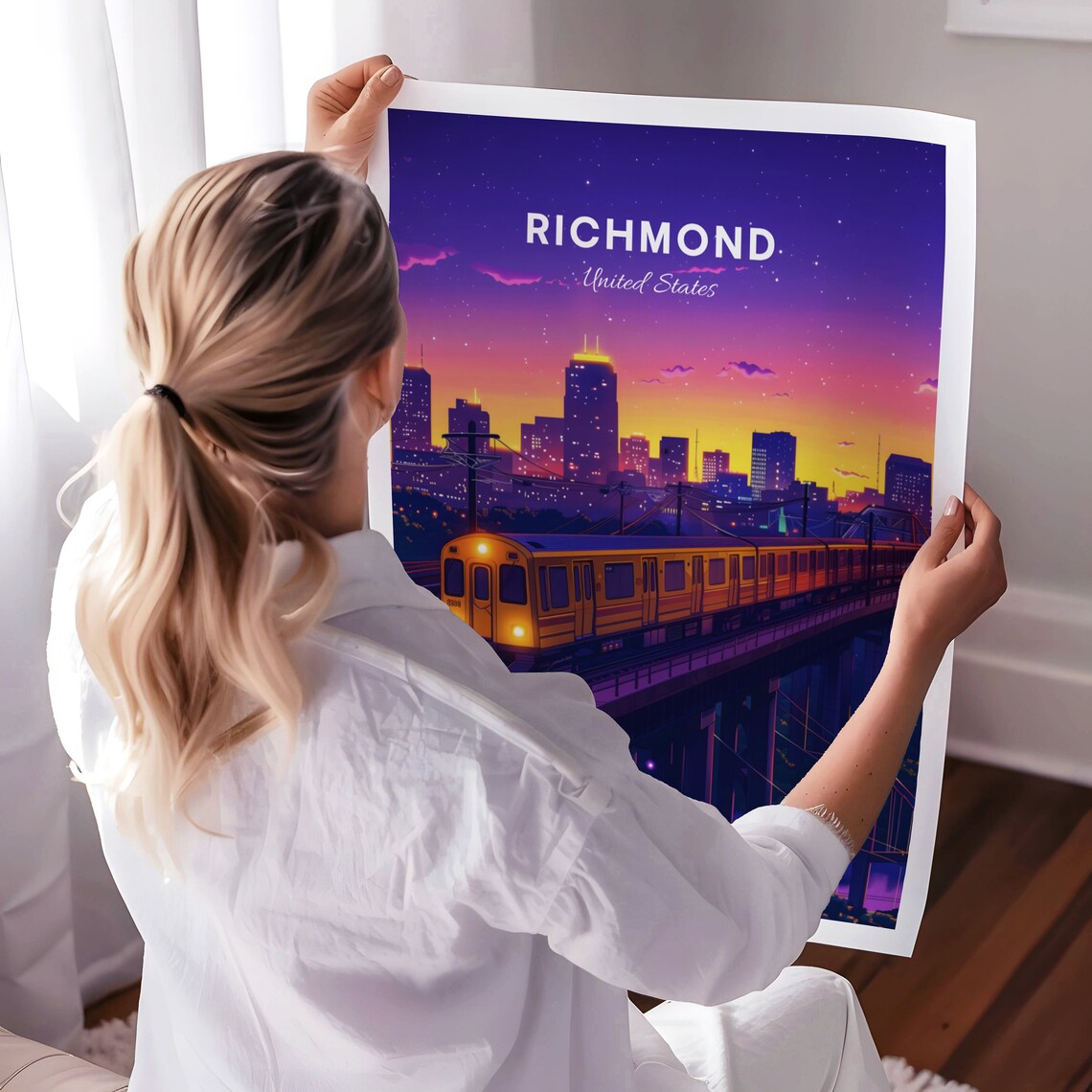 Richmond Yellow Train on Elevated Tracks at Dusk Travel Poster - Image 3