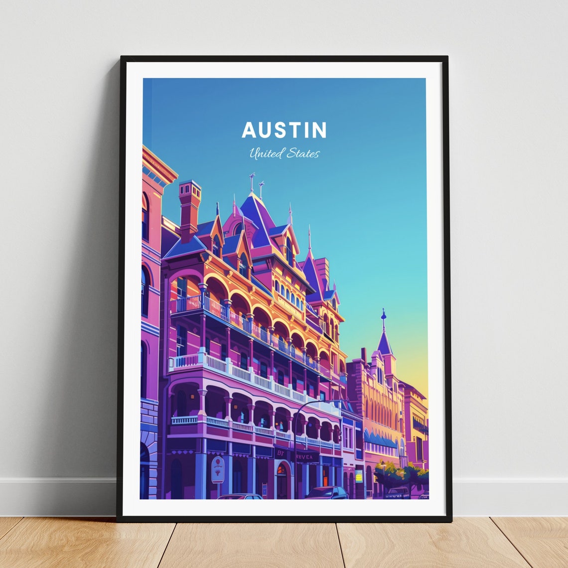 Austin Texas Historic Victorian Street Sunset Evening Travel Poster