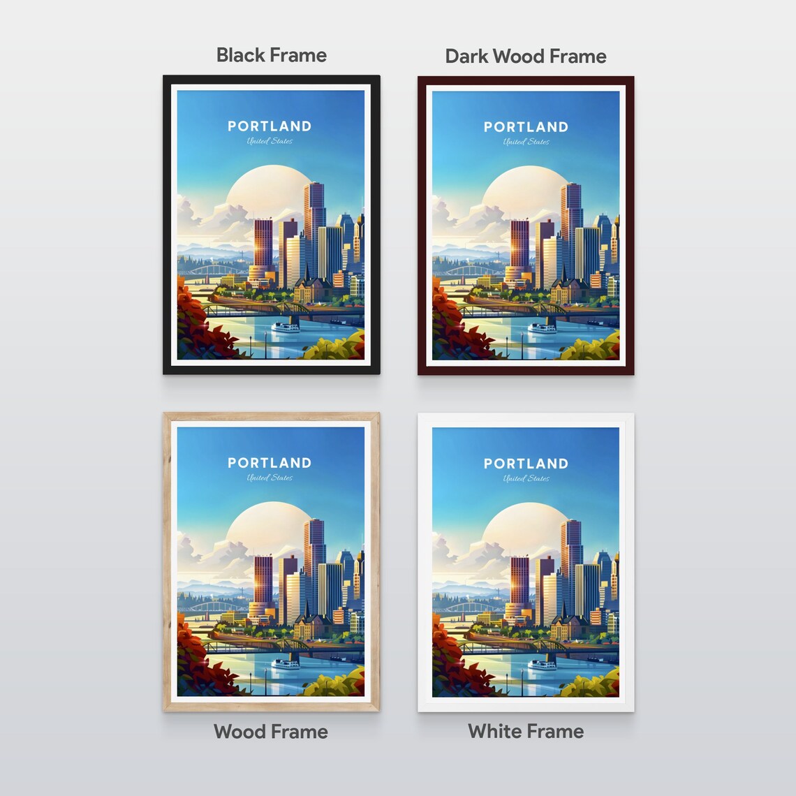 Portland Skyline Bridges and River in Bright Daylight Travel Poster - Image 2